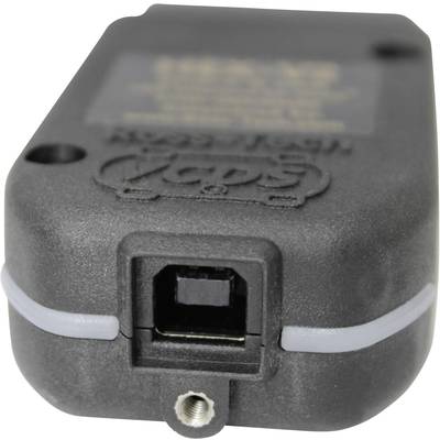 Ein schwarzes, rechteckiges elektronisches Gerät mit einer quadratischen Anschlussbuchse an der Vorderseite und einer vertieften Schraubhalterung darunter.