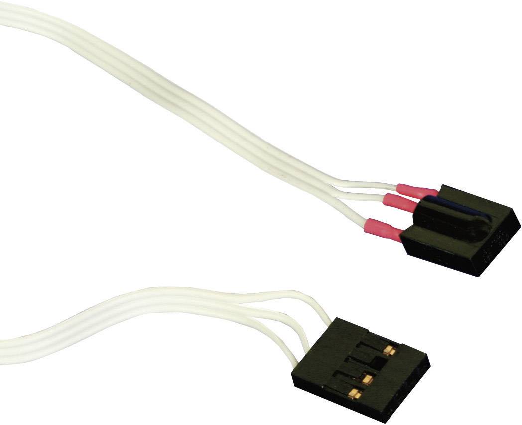 Ein weißes Kabel mit zwei schwarzen Steckverbindern an den Enden. Eines der Kabelenden hat drei Kupferkontaktstifte.