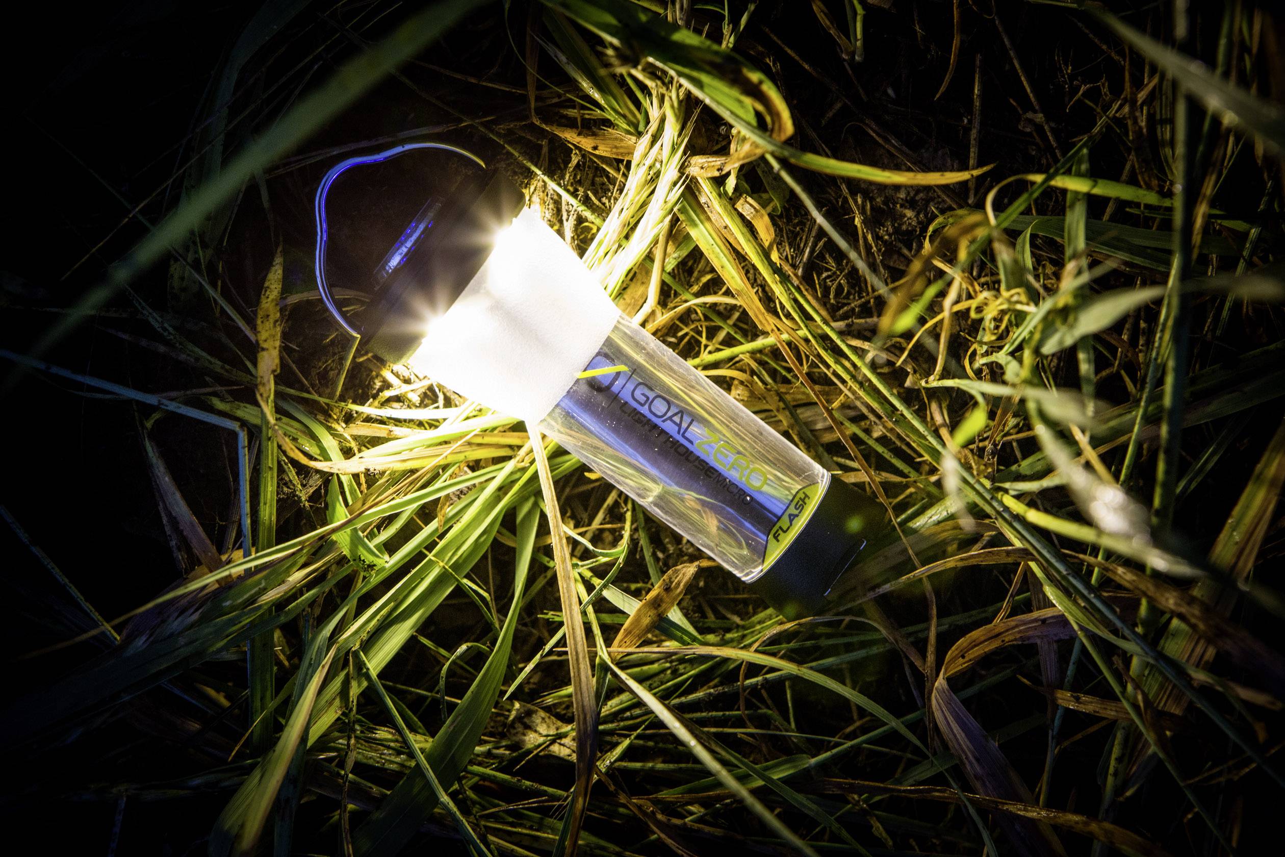Eine leuchtende Taschenlampe liegt im Gras. Sie strahlt hell in der Dunkelheit und beleuchtet die umgebenden Blätter.