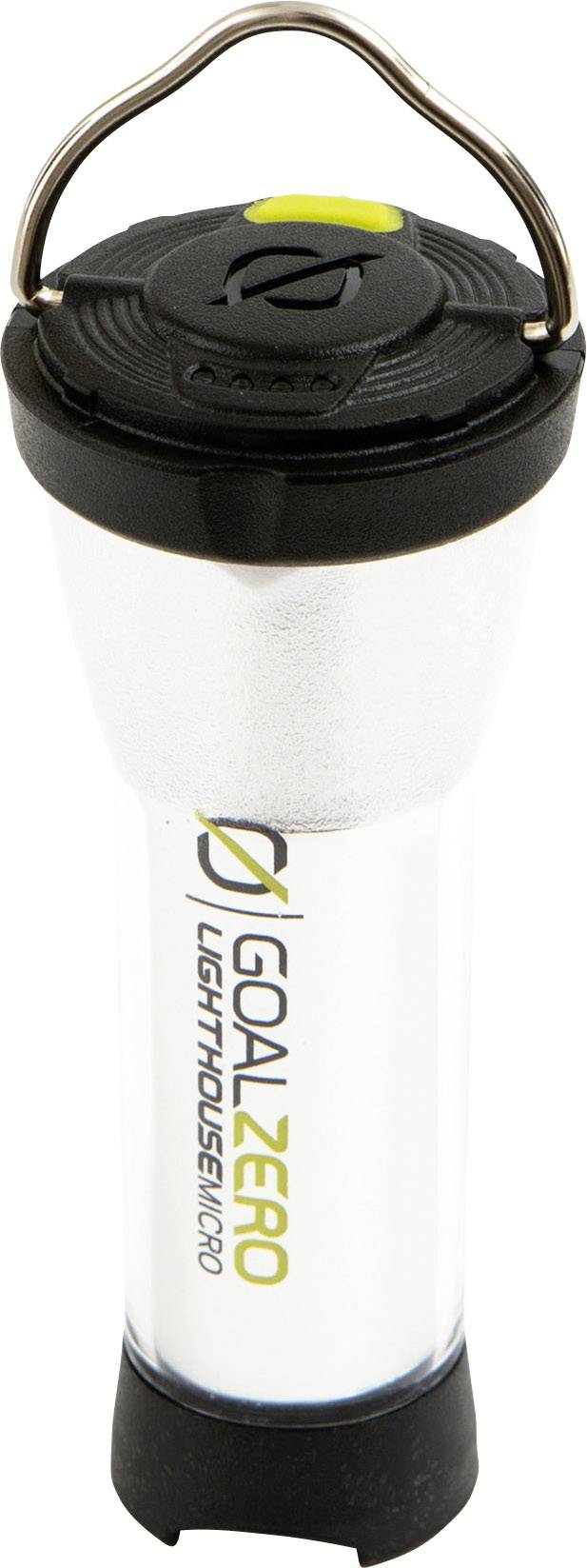 Kompakte LED-Taschenlampe 'Goal Zero Lighthouse Micro' mit Tragebügel und leuchtenden Elementen, geeignet für Outdoor-Aktivitäten.