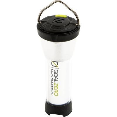Kompakte LED-Taschenlampe 'Goal Zero Lighthouse Micro' mit Tragebügel und leuchtenden Elementen, geeignet für Outdoor-Aktivitäten.