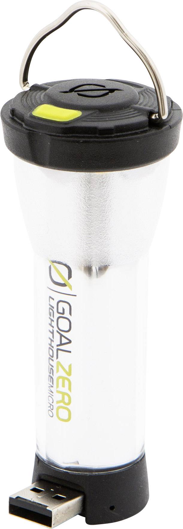 Eine tragbare LED-Lampe mit USB-Anschluss und Aufhängevorrichtung, gebrandet mit dem Logo 'GOAL ZERO Lighthouse Micro'.