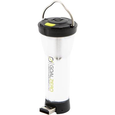 Eine tragbare LED-Lampe mit USB-Anschluss und Aufhängevorrichtung, gebrandet mit dem Logo 'GOAL ZERO Lighthouse Micro'.