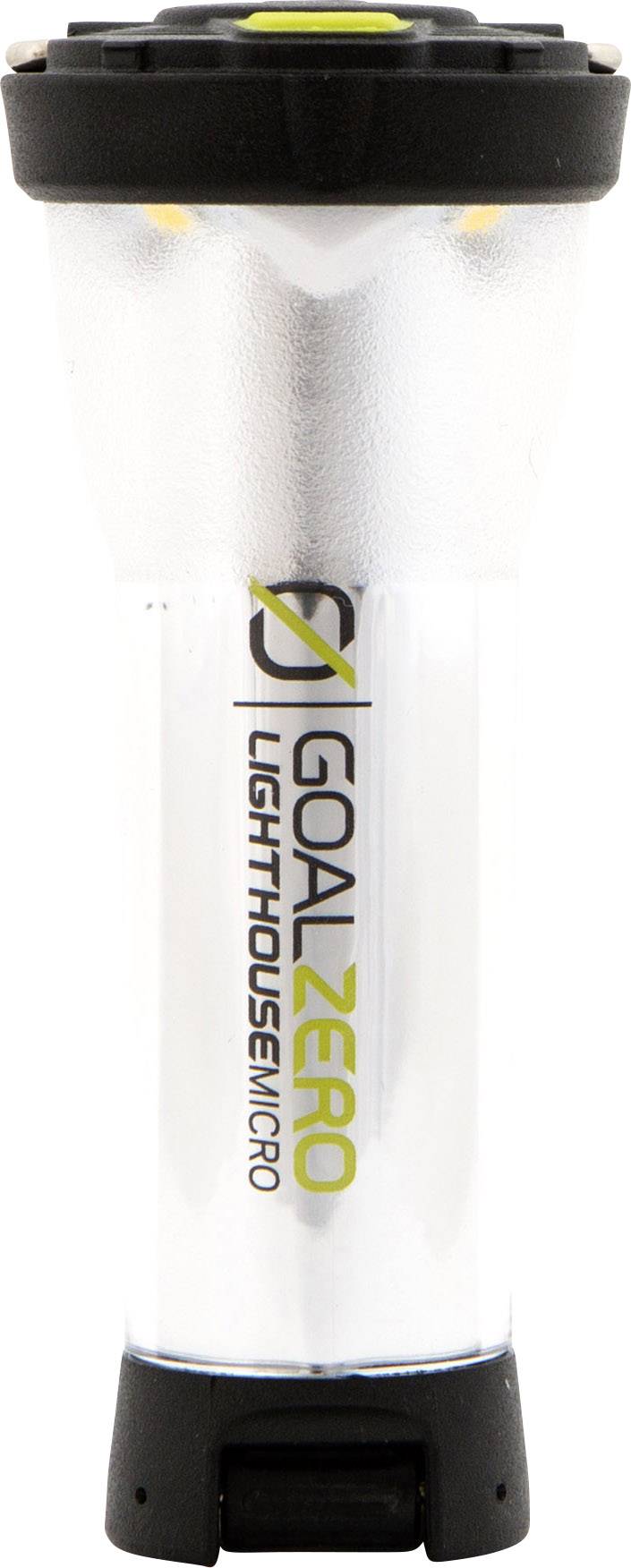 Tragbare LED-Laterne mit der Aufschrift 'Goal Zero Lighthouse Micro'. Zylindrische Form, schwarzer und durchsichtiger Kunststoff.