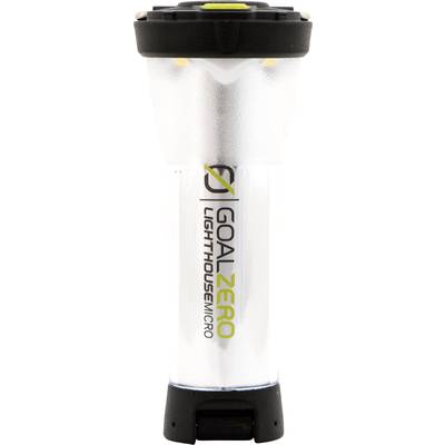 Tragbare LED-Laterne mit der Aufschrift 'Goal Zero Lighthouse Micro'. Zylindrische Form, schwarzer und durchsichtiger Kunststoff.