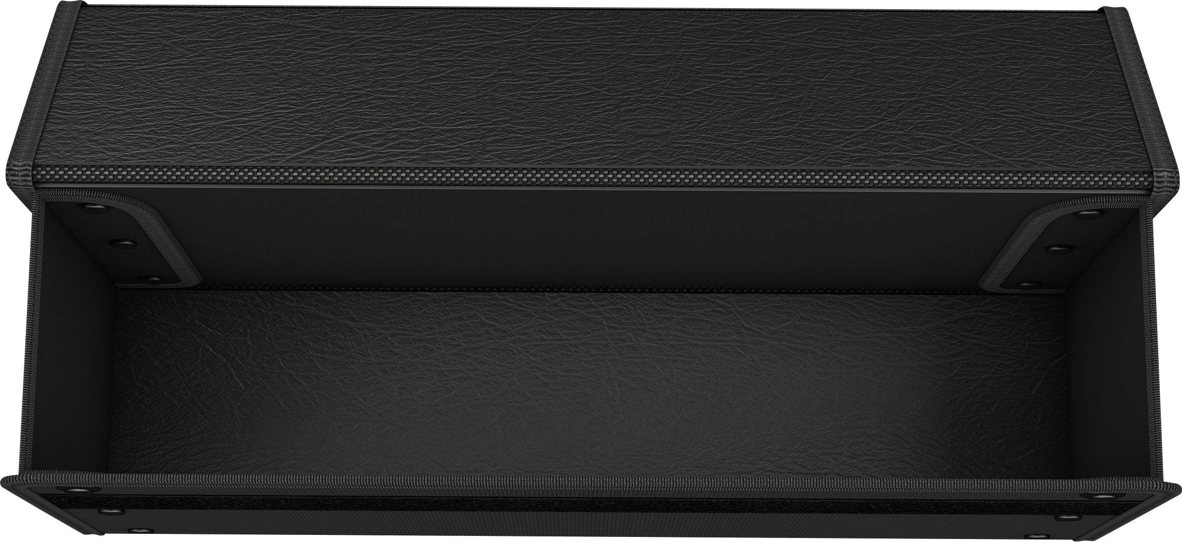 Schwarze, rechteckige Box mit offener Oberseite. Textur ähnlich Leder. Box dient zur Aufbewahrung oder Organisation von Gegenständen.