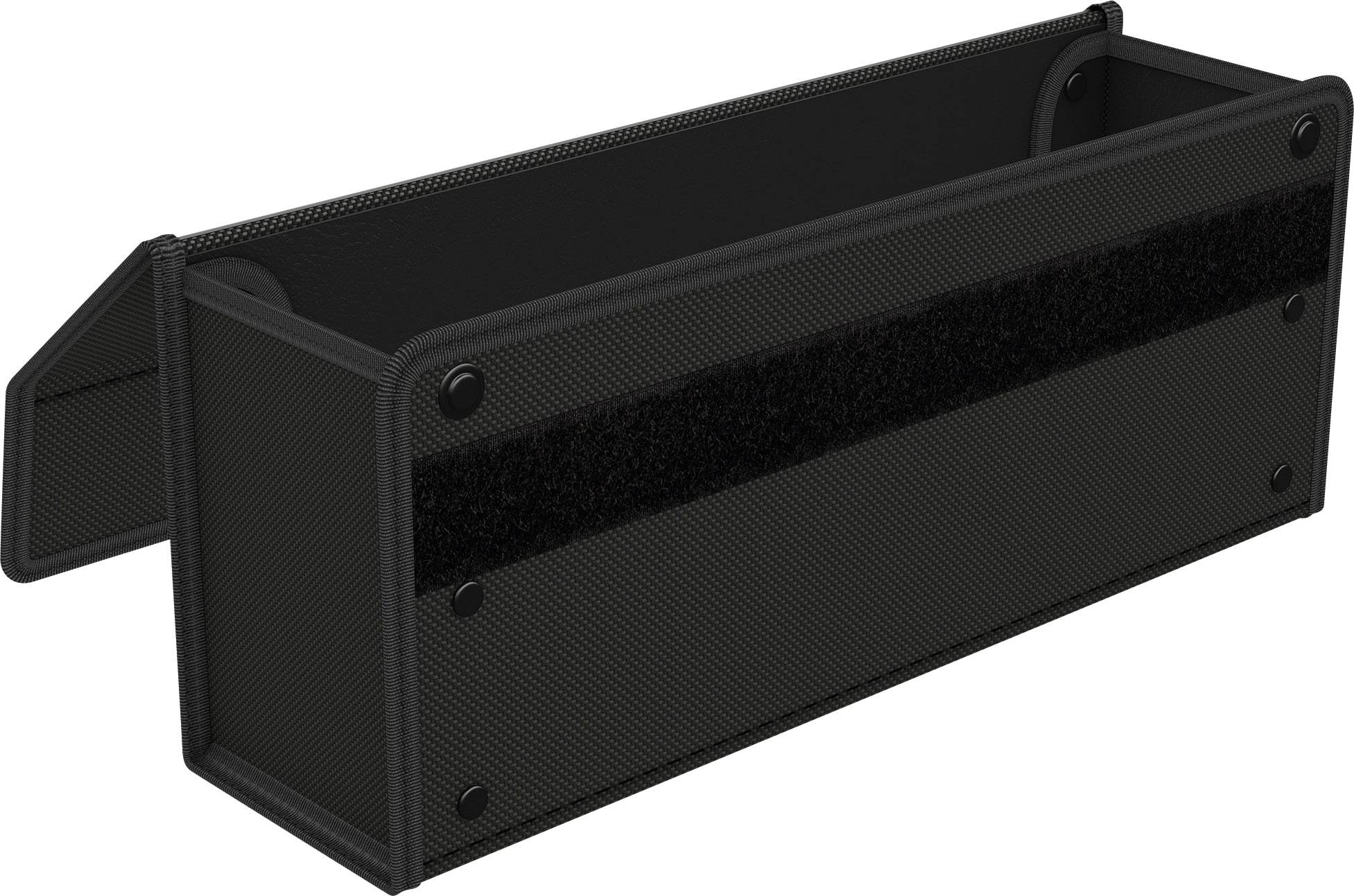 Ein schwarzes, rechteckiges Ablagefach mit Klettverschluss, geeignet zur Anbringung an Oberflächen. Ideal zur Aufbewahrung kleiner Gegenstände.