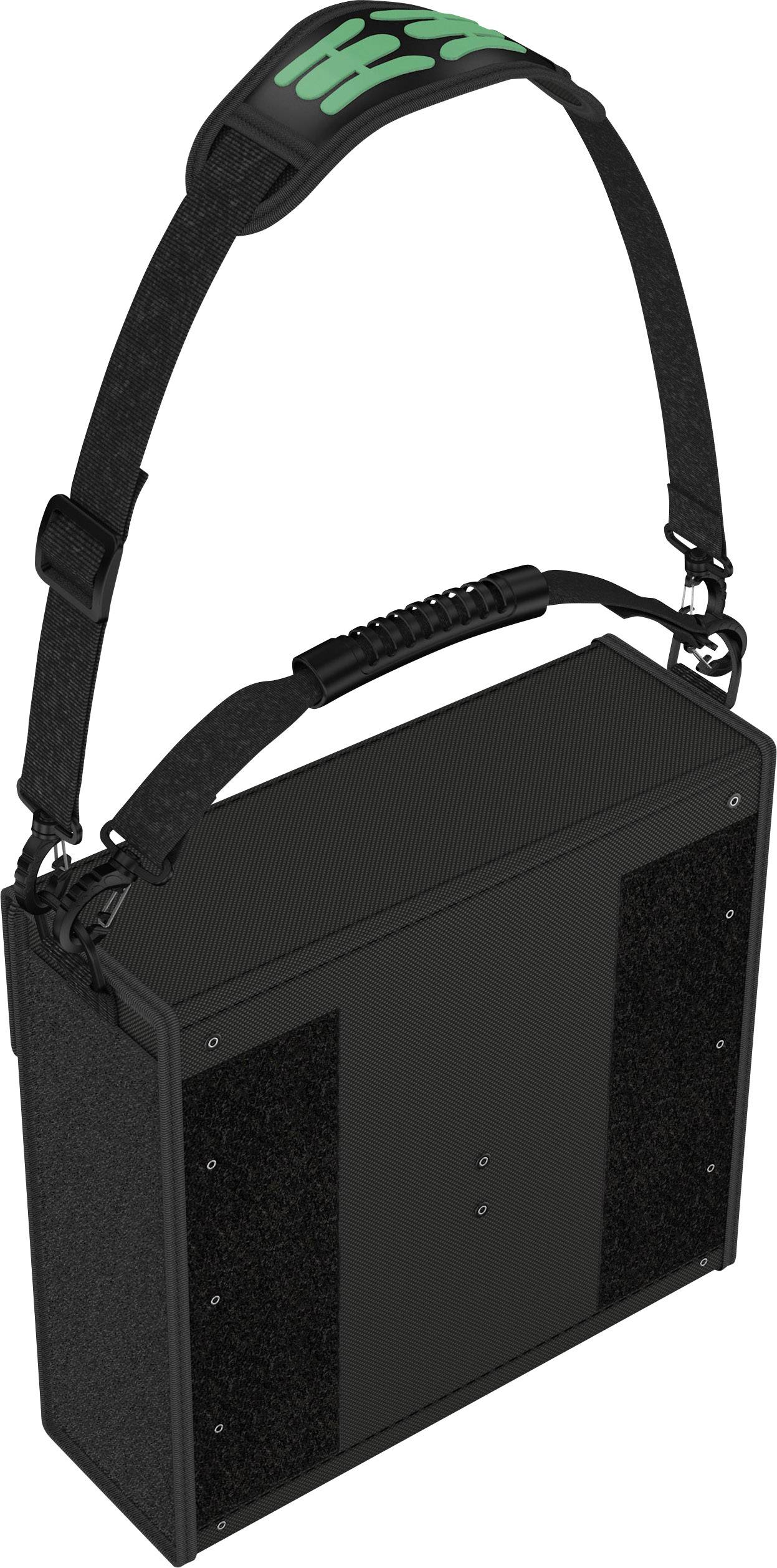 Schwarze tragbare Tasche mit verstellbarem Schultergurt und grünem Logo.