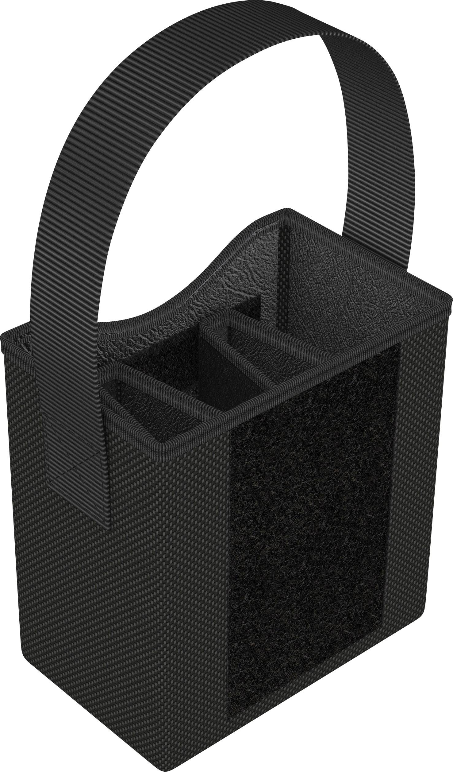 Schwarzes, rechteckiges Behältnis mit Griff und Innenfächern, passend zum Tragen oder Aufbewahren von kleinen Gegenständen.