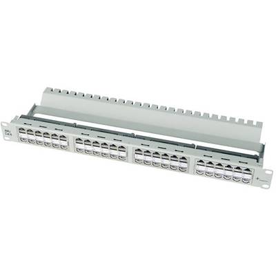 Ein Patchpanel mit mehreren Netzwerkkabelanschlüssen in einer Reihe, verwendet zur Organisation und Verbindung von Netzwerkkabeln.