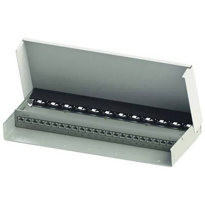 Metallener Netzwerkverteiler mit klappbarem Deckel, zeigt 12 RJ45-Ports zur Organisation von Netzwerkkabeln.
