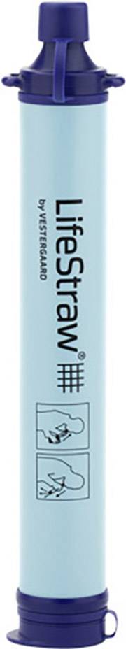 Ein hellblauer Wasserfilter in Form eines Strohhalms mit der Aufschrift 'LifeStraw', geeignet für persönliche Wasserreinigung.