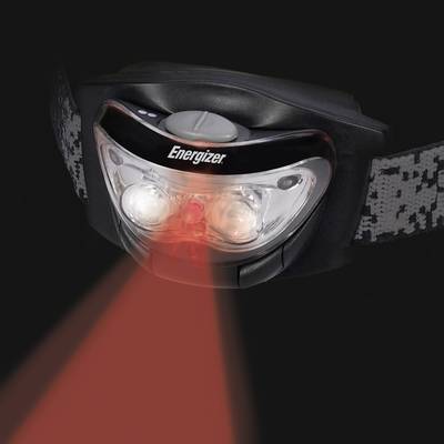 Stirnlampe mit rotem Lichtstrahl, Markenname 'Energizer' oben sichtbar.