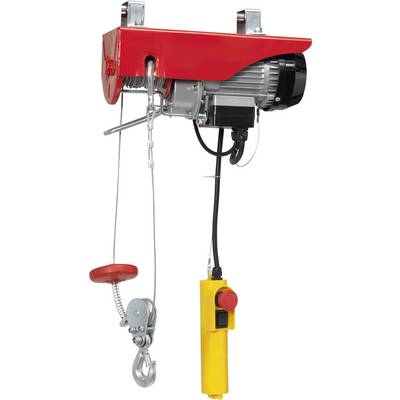 Elektrische Hebevorrichtung in Rot und Silber, mit Seilzug und gelber Fernbedienung. Geeignet zum Heben schwerer Lasten.
