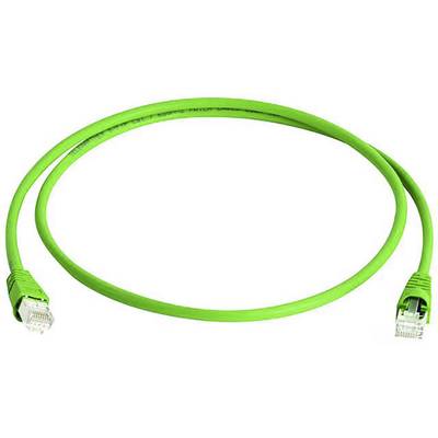 Grünes Ethernet-Kabel mit RJ45-Steckverbindern an beiden Enden, verwendet für Netzwerkverbindungen.