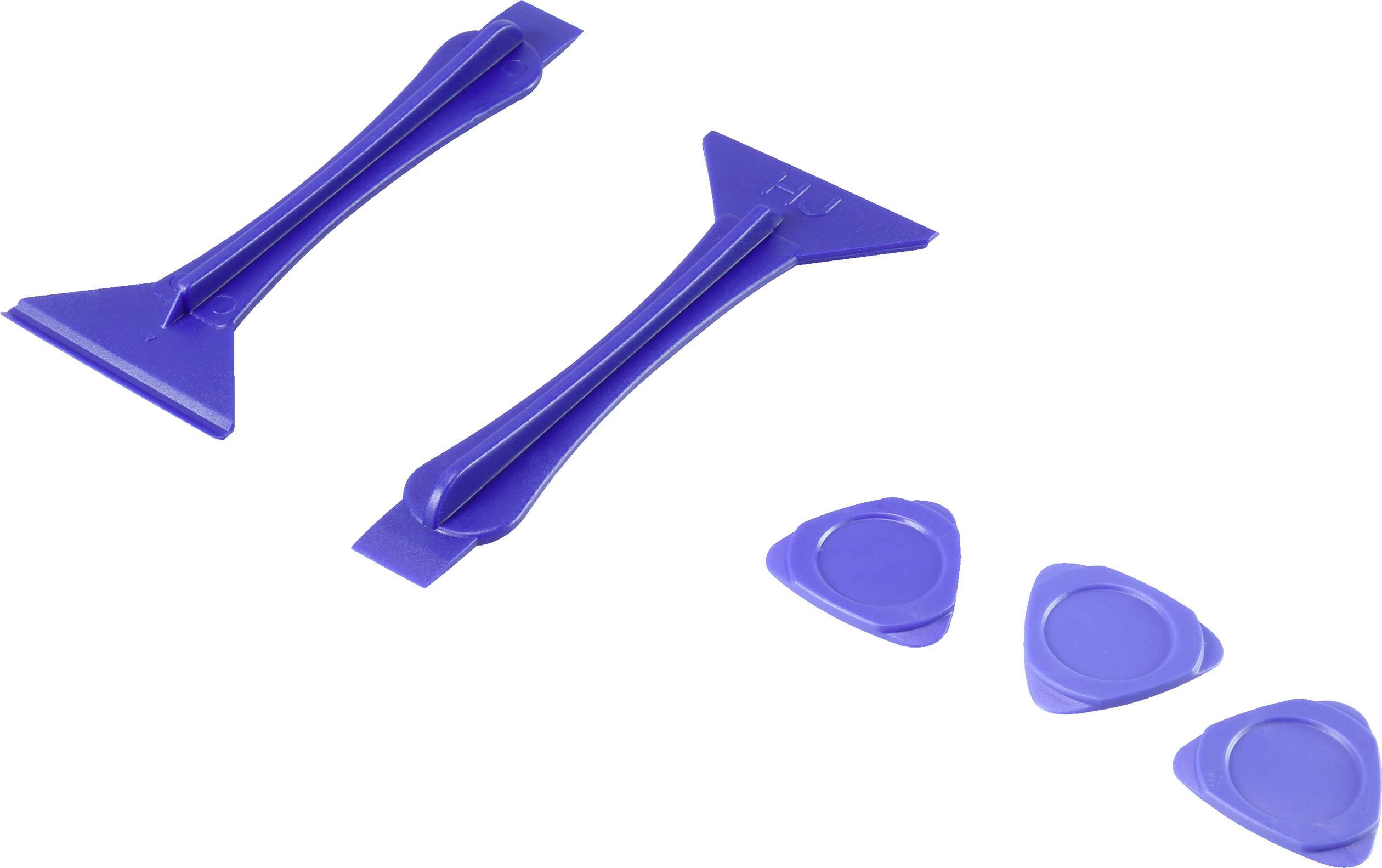 Vier blaue Plastikkeile in verschiedenen Formen und Größen, einsetzbar zum Öffnen elektronischer Geräte oder zum Entfernen von Abdeckungen.