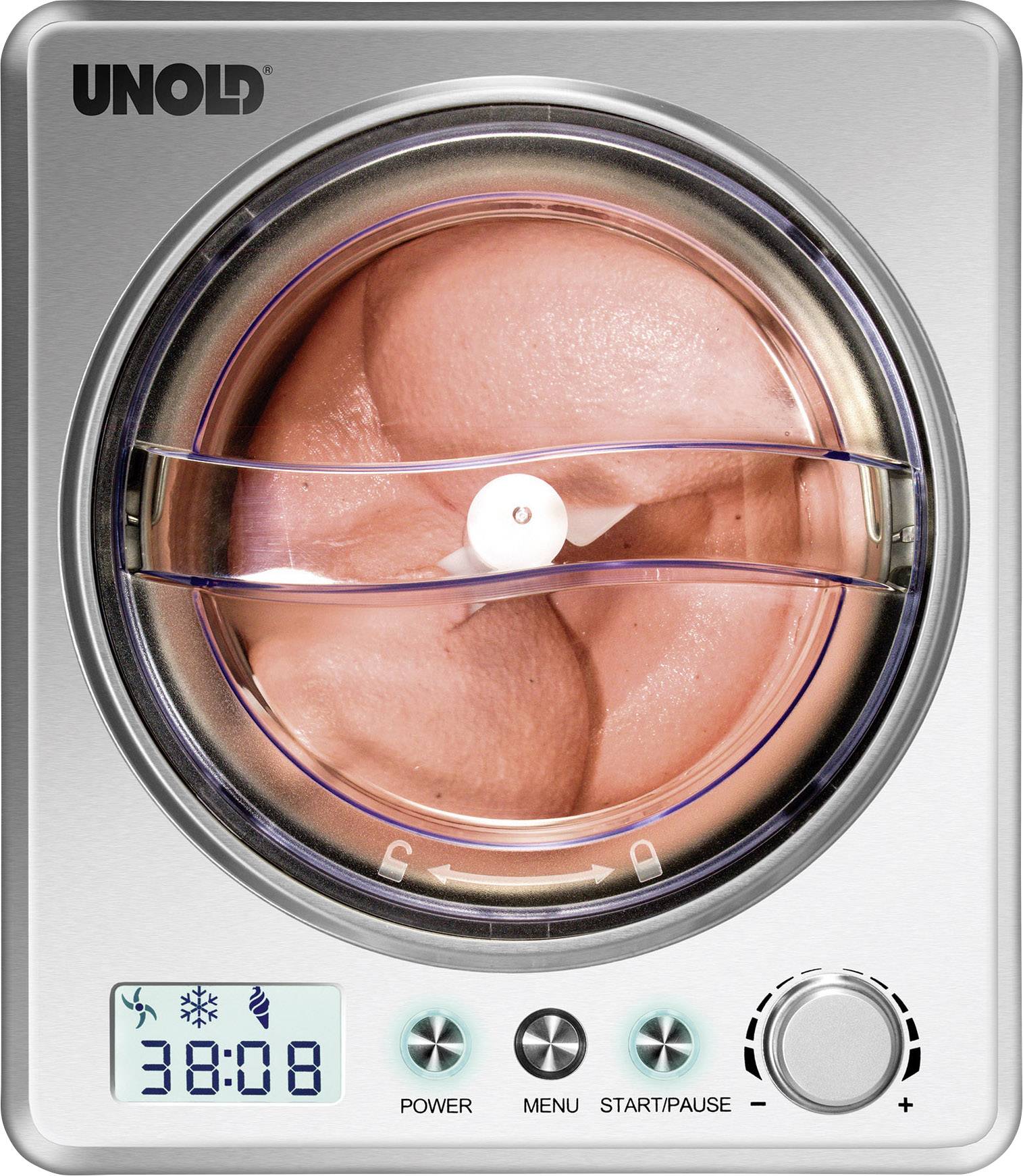 Eismaschine mit digitalem Timer zeigt 38 Minuten und 8 Sekunden. Sichtbares Eis in Herstellung im transparenten Deckel. Markenlogo oben links.