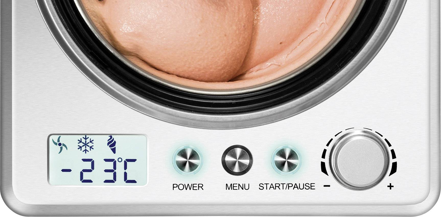 Eismaschine in Betrieb zeigt Bildschirm mit Temperatur '−23°C', Bedienelemente für Leistung, Menü und Start/Pause sowie Drehregler.