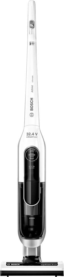 Ein weißer, kabelloser Bosch-Staubsauger, aufrecht stehend, mit schwarzem Staubbehälter und 32,4 V Leistung.