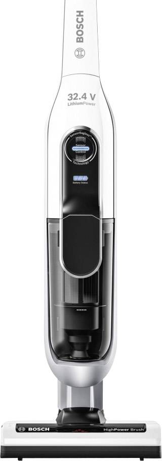 Ein kabelloser Bosch-Staubsauger in weißem Design, Modellnummer angegeben. Geeignet für effiziente Reinigung durch Lithium-Power.