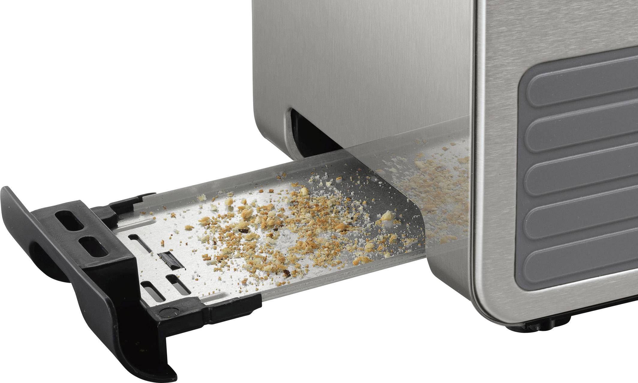 Krümelschublade eines Toasters wird herausgezogen, um Krümel zu entleeren, zeigt Sauberkeit und einfache Wartung des Geräts.