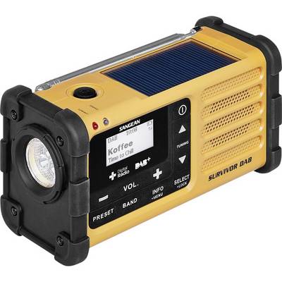 Tragbares gelbes Kurbelradio mit Solarpanel, Bildschirm zeigt 'Koffee - Time to Chill'. Links eine Taschenlampenleuchte.