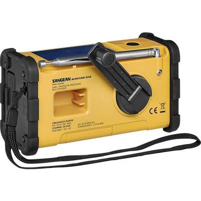 Gelbes tragbares Radio mit Handkurbel und Solarpanel, Rückansicht. Enthält Markenname, Frequenzbereiche und CE-Zeichen.