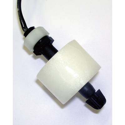 Ein schwarzer Sensor mit weißem Schwimmer in zylindrischer Form, wahrscheinlich zur Messung von Flüssigkeitsständen.