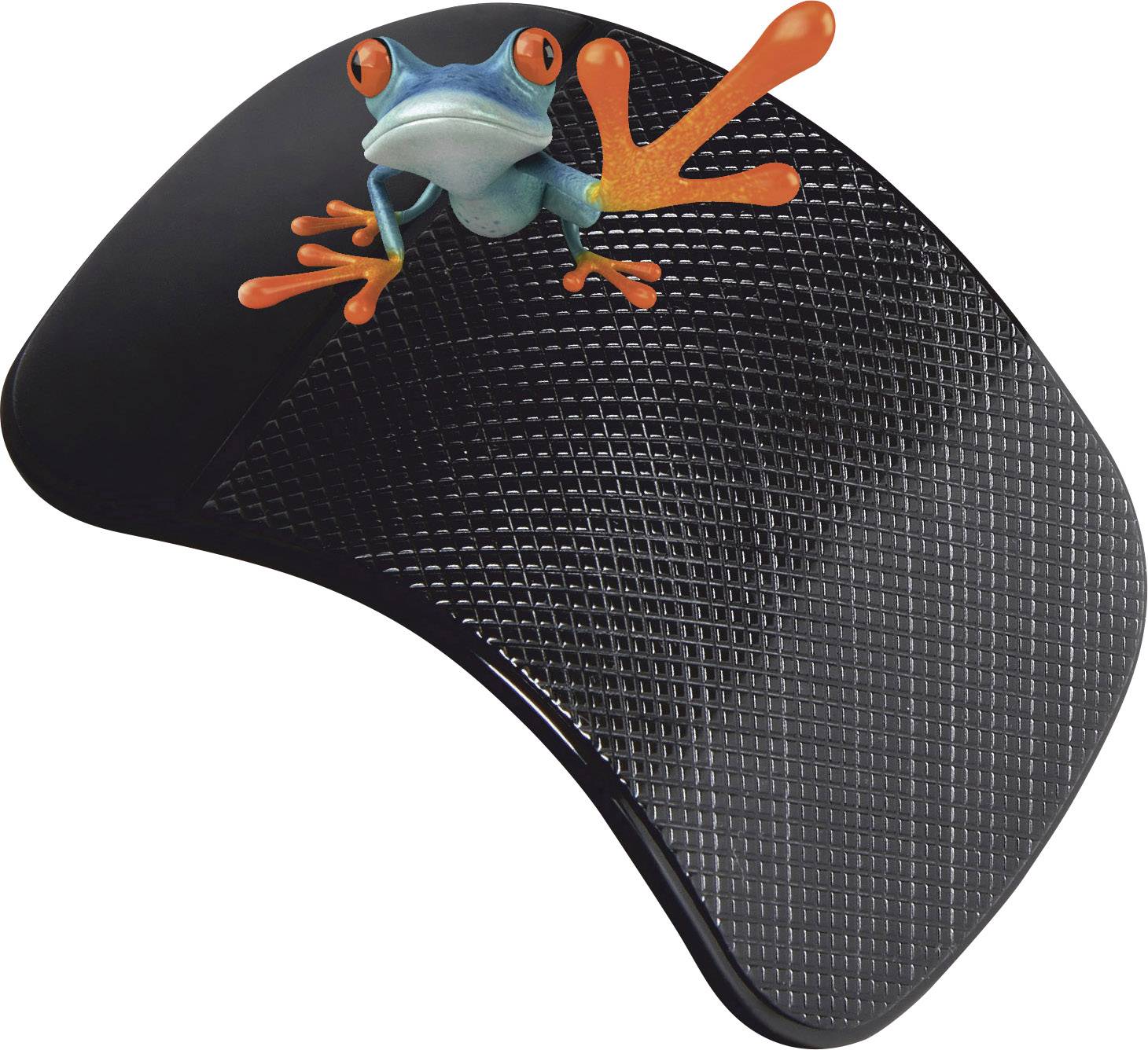 Ein farbiger Frosch ist auf einem schwarzen, strukturierten Mauspad platziert.