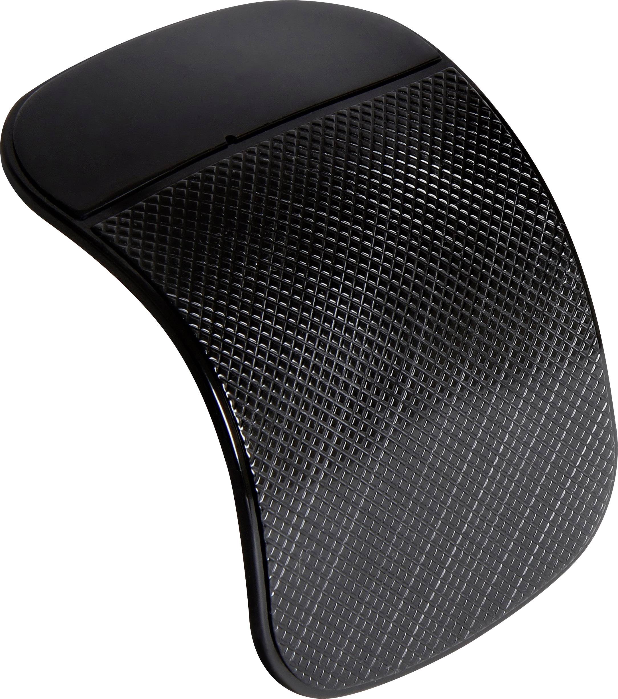 Schwarz glänzende, gebogene Computer-Maus mit geriffelter Oberfläche, ohne Tasten oder Scrollrad sichtbar, für modernes Design.