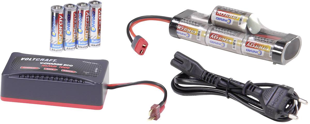 Ein Ladegerät-Set für Batterien zeigt einen Akku-Pack, ein Ladegerät, eine Kabelverbindung und fünf AA-Batterien.