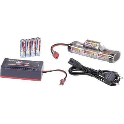 Ein Ladegerät-Set für Batterien zeigt einen Akku-Pack, ein Ladegerät, eine Kabelverbindung und fünf AA-Batterien.