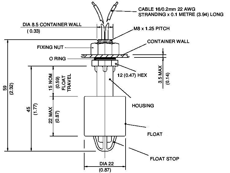 Technische Zeichnung eines Schwimmersensors mit Abmessungen und Details zur Montage. Enthält Angaben zu Kabel, Gehäuse und Anschluss.