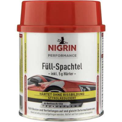 'Dose Nigrin Performance Füll-Spachtel mit Härter, für Beulen und Vertiefungen. Auf dem Etikett ein rotes Auto und Anwendungsanleitung.'