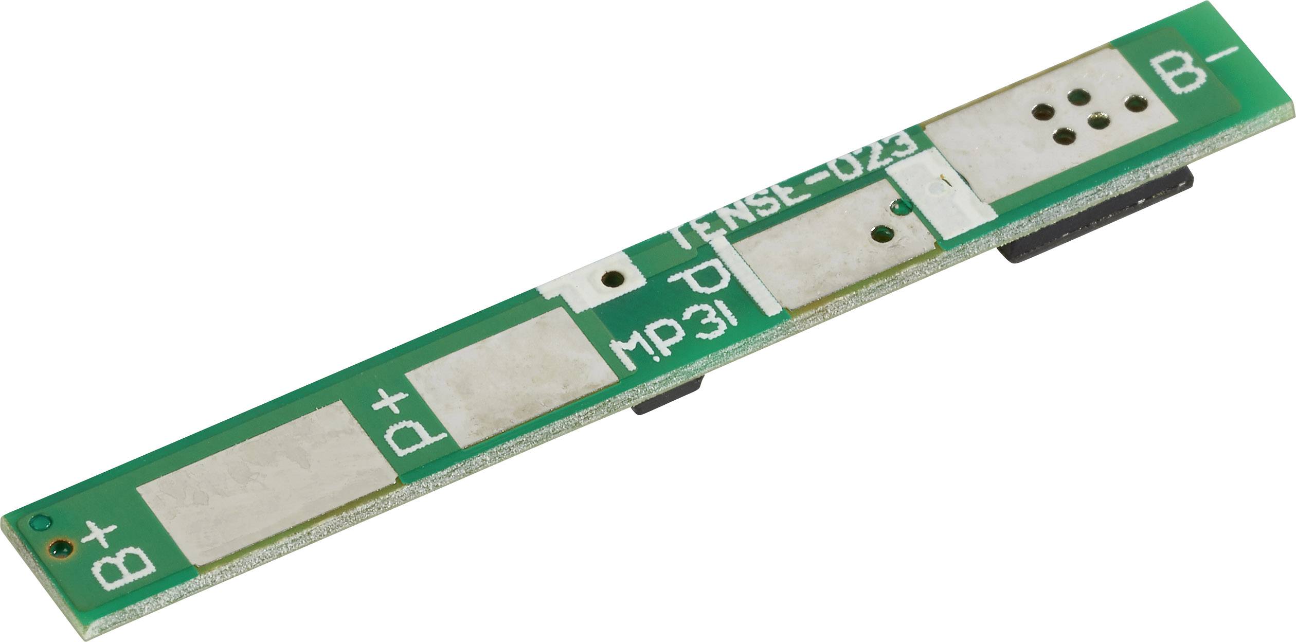 Leiterplatte in rechteckiger Form mit grüner Oberfläche und goldenen Anschlüssen. Markierungen 'B+', 'B-', 'P+', 'P-', 'MP31'.