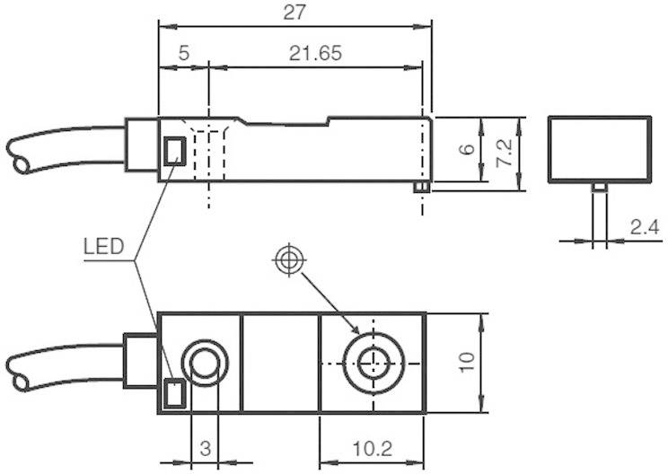 Technische Zeichnung eines rechteckigen Bauteils mit LED-Anzeige. Maße: Länge 27 mm, Breite 10 mm, Höhe 7,2 mm. Bohrung und Anschluss abgebildet.