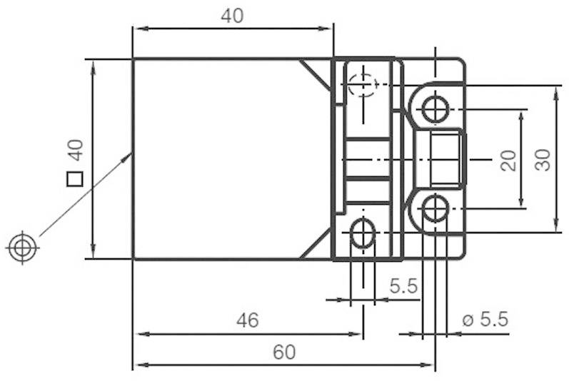 Technische Zeichnung eines Bauteils mit Maßen und Bohrungsmarkierungen; rechteckige Form, Bohrungen an beiden Enden, Maße in Millimetern.