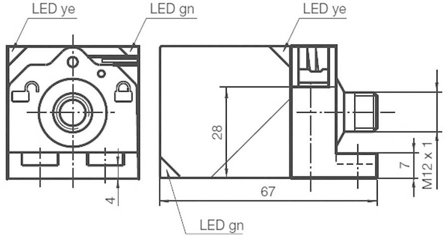Technische Zeichnung eines Sensors mit LED-Anzeigen in verschiedenen Farben und Maßangaben. Links 'LED gn', rechts 'LED ye'.