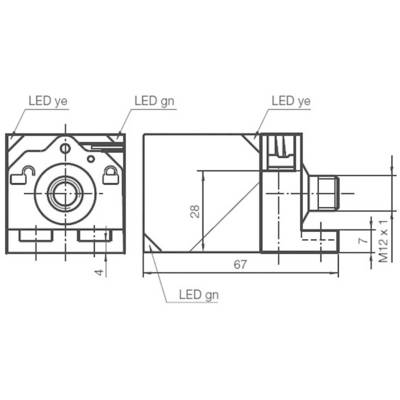 Technische Zeichnung eines Sensors mit LED-Anzeigen in verschiedenen Farben und Maßangaben. Links 'LED gn', rechts 'LED ye'.