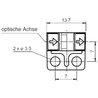 Schema eines mechanischen Teils mit Bemaßungen: Breite 13.7 mm, Höhe 7 mm. Markiert mit 'optische Achse' und zwei Löchern, Durchmesser 3.5 mm.