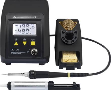 Digitale Lötstation von TOOLCRAFT (ZD-8915) mit Temperaturkontrolle, Lötkolben, Ständer und manueller Entlötstation.