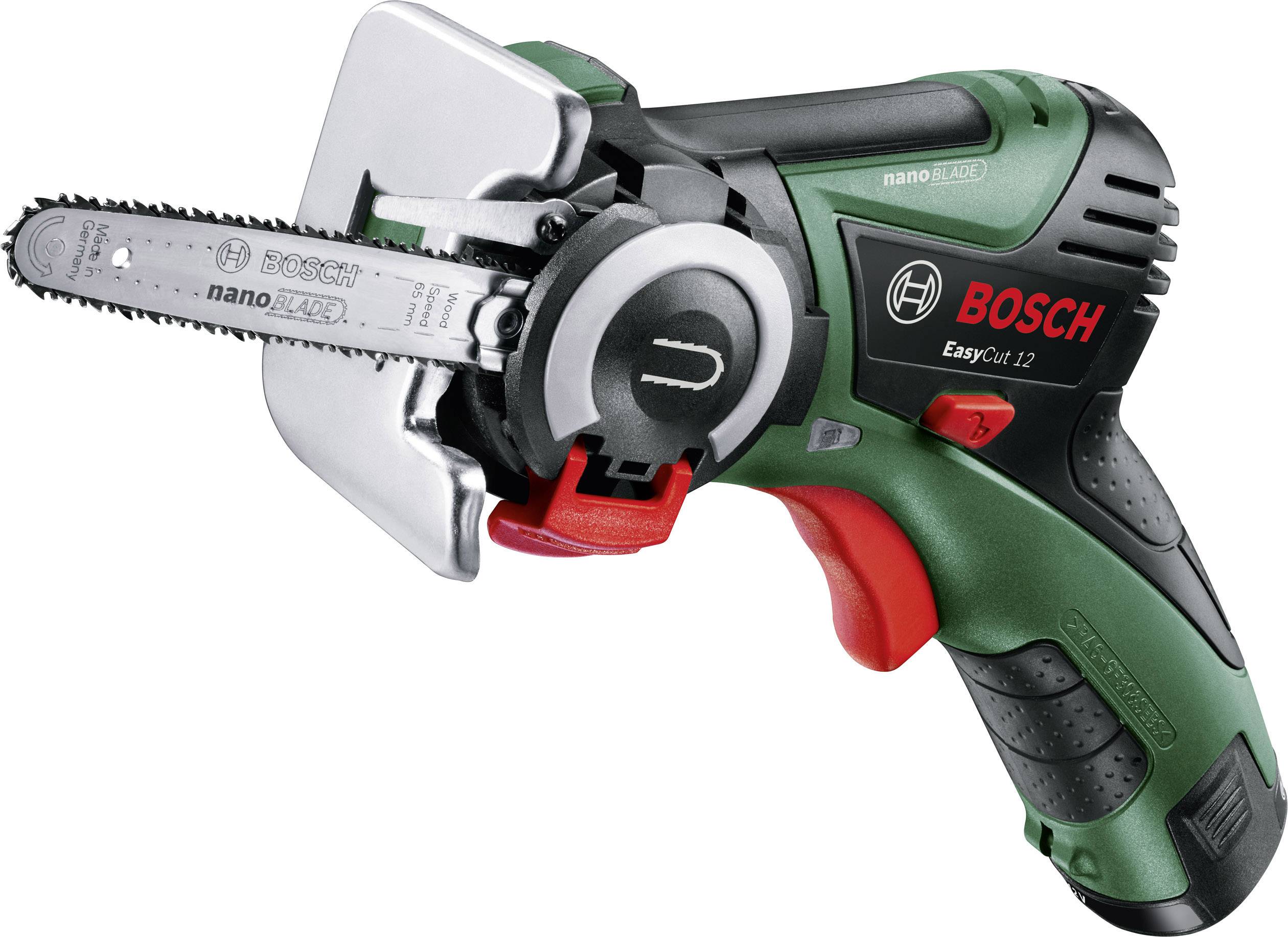 Tragbare Mini-Kettensäge Bosch EasyCut 12 mit NanoBlade-Technologie, geeignet für präzise Schnitte in Holz und Kunststoff.
