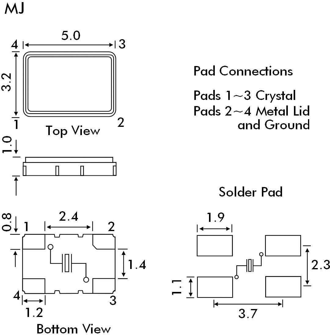 'Diagramm eines Kristallgehäuses.' Oben: Draufsicht mit Maßen. Unten: Lötpad-Layout. Beschriftung: 'Pad Connections', Anleitungen zu Anschlüssen.