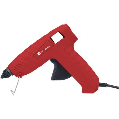 Rote Heißklebepistole mit schwarzem Abzug und Kabel, seitliche Ansicht. Geeignet für Bastel- und Reparaturarbeiten.