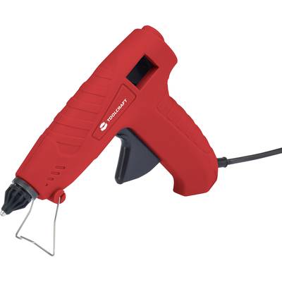 Rote Heißklebepistole mit Kabel, seitliche Ansicht. Geeignet für Bastelarbeiten und schnelle Befestigungen.