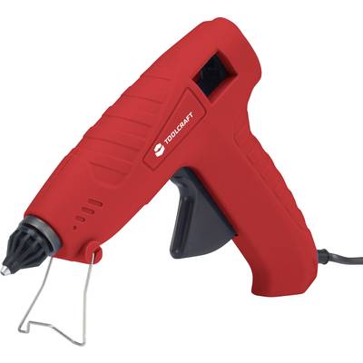 Eine rote Heißklebepistole mit Metallständer und Kabel, seitliche Ansicht, bereit zur Verwendung.