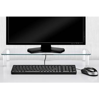 Ein Computer mit Bildschirm auf einem Glasständer, darunter Tastatur und Maus auf einem weißen Tisch.