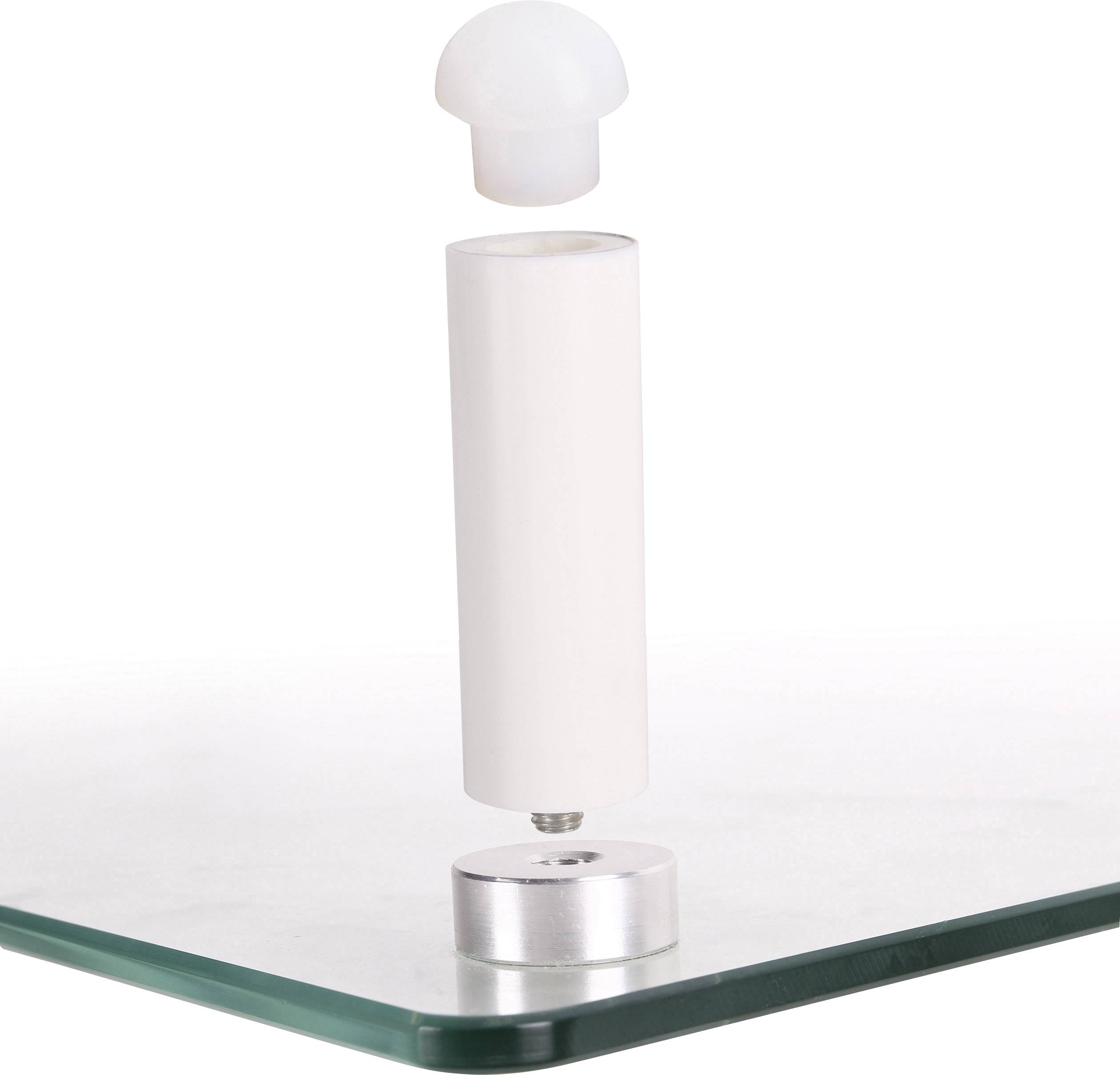 'Glasstützhalterung in Weiß' zeigt eine weiße Halterung auf einer Glasplatte, bestehend aus einem röhrenförmigen Körper und einem runden Deckel.