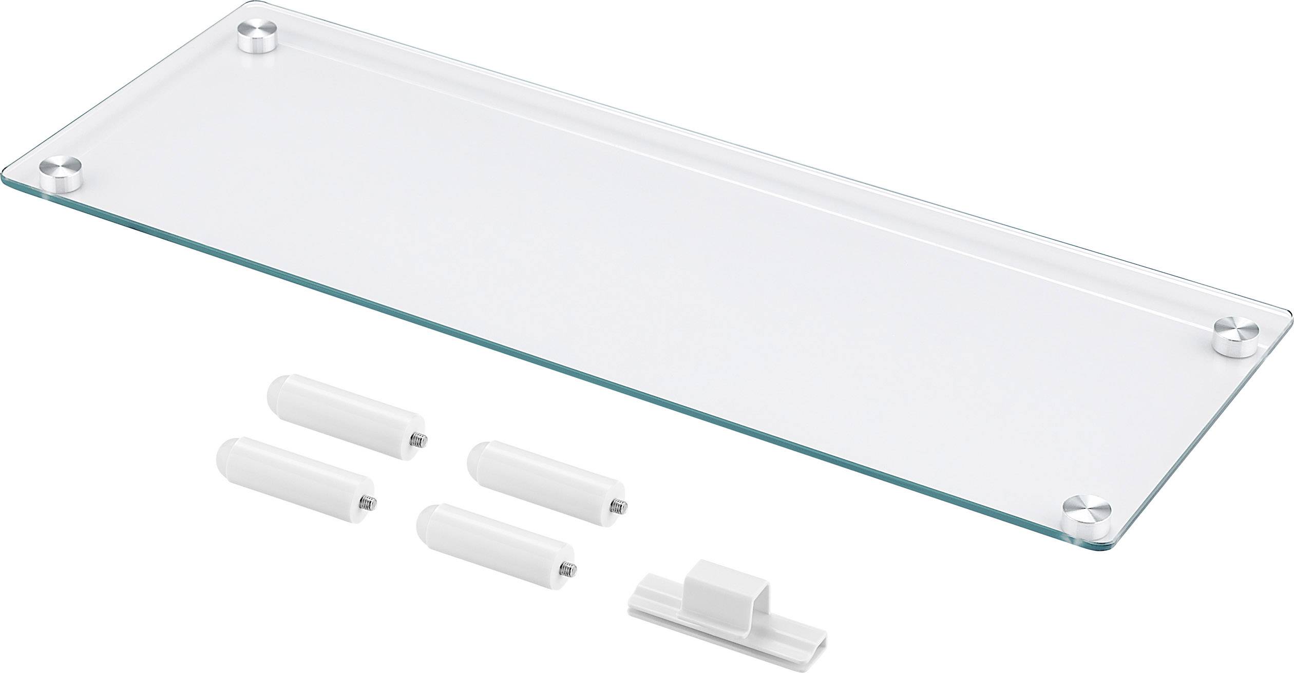 Glasregal mit vier weißen Wandhaltern und einer zusätzlichen Halterung, geeignet für die Befestigung an der Wand.