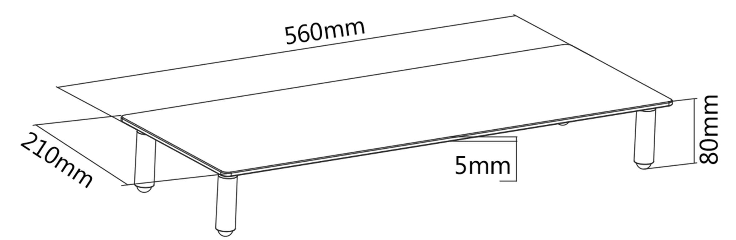 Diagramm eines rechteckigen Tisches mit den Maßen: Länge 560 mm, Breite 210 mm, Höhe 80 mm, Tischplatte Dicke 5 mm.